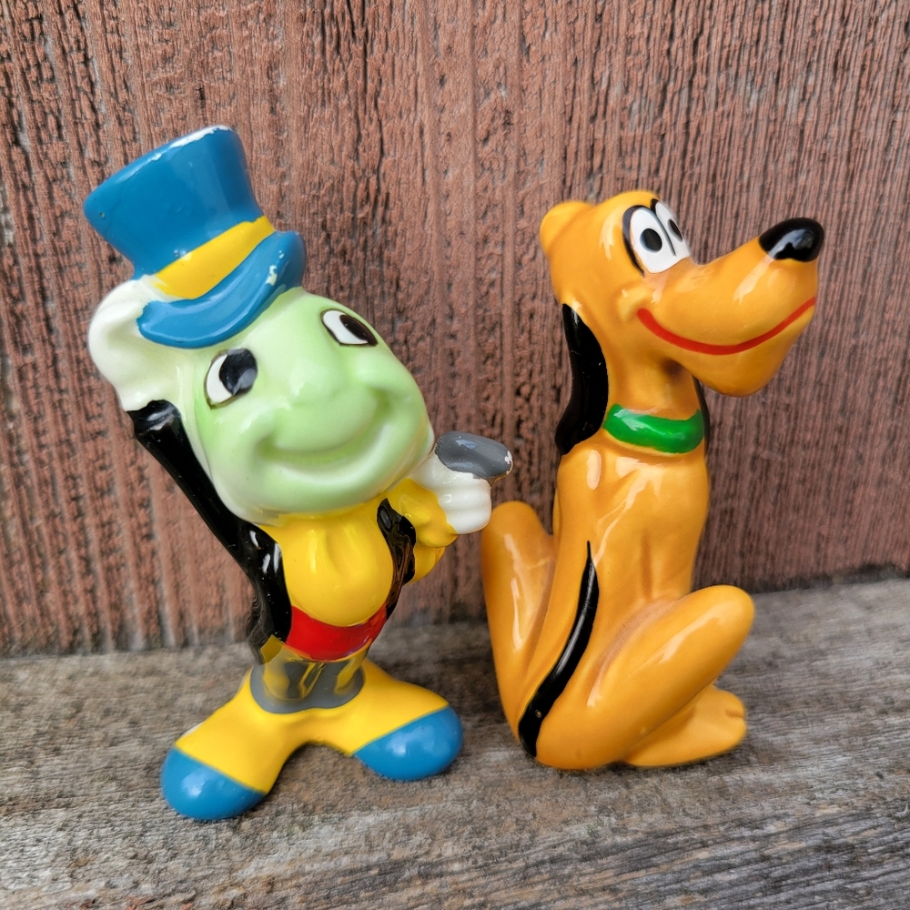 Walt Disney Jiminy Cricket & Pluto Vintage Porcelain (?) Figurines Cute ~ Flaw*